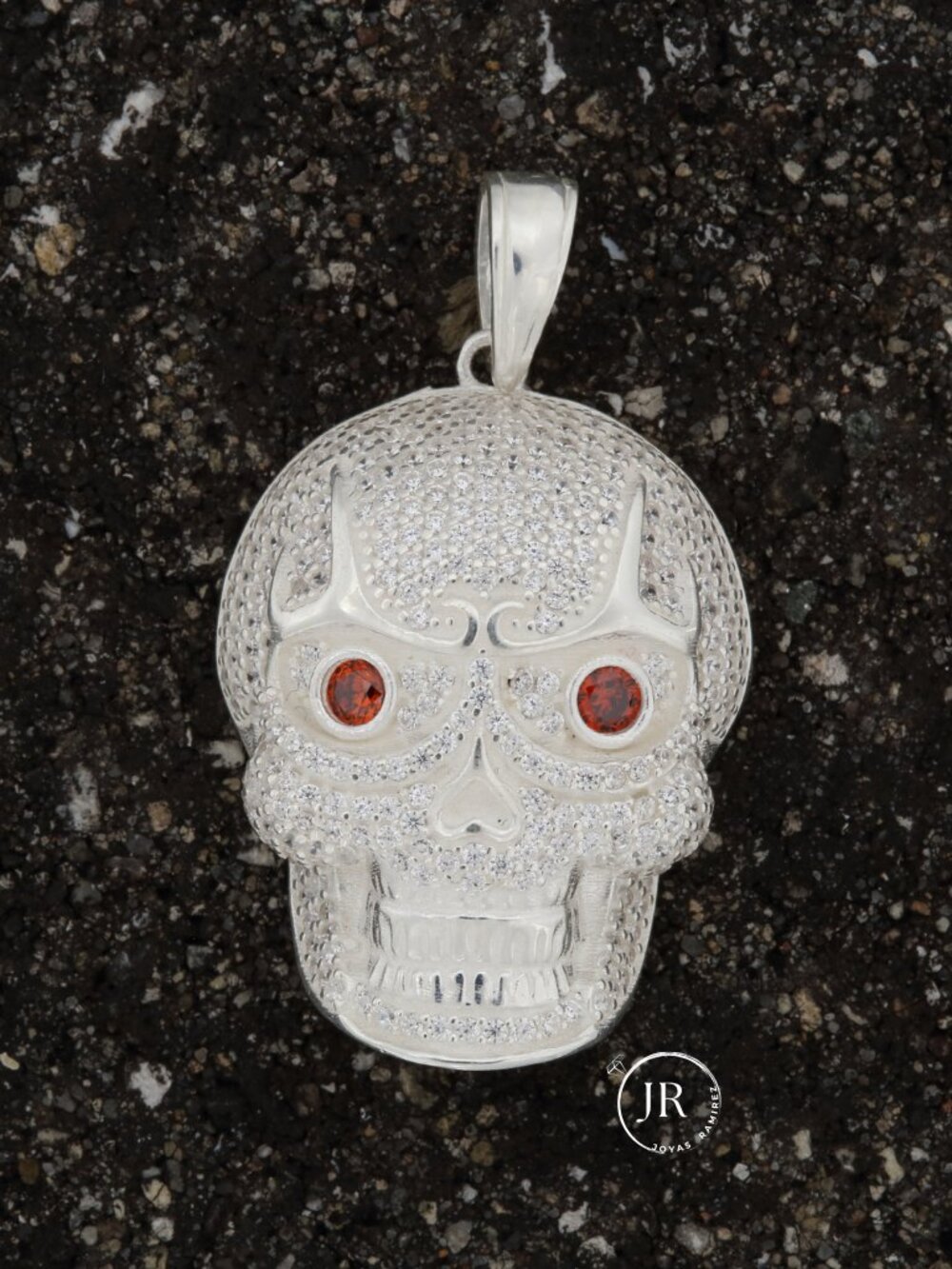 925 Sterling Silver Skull Pendant Red Eyes CZ Pave Calavera Piece Men Women